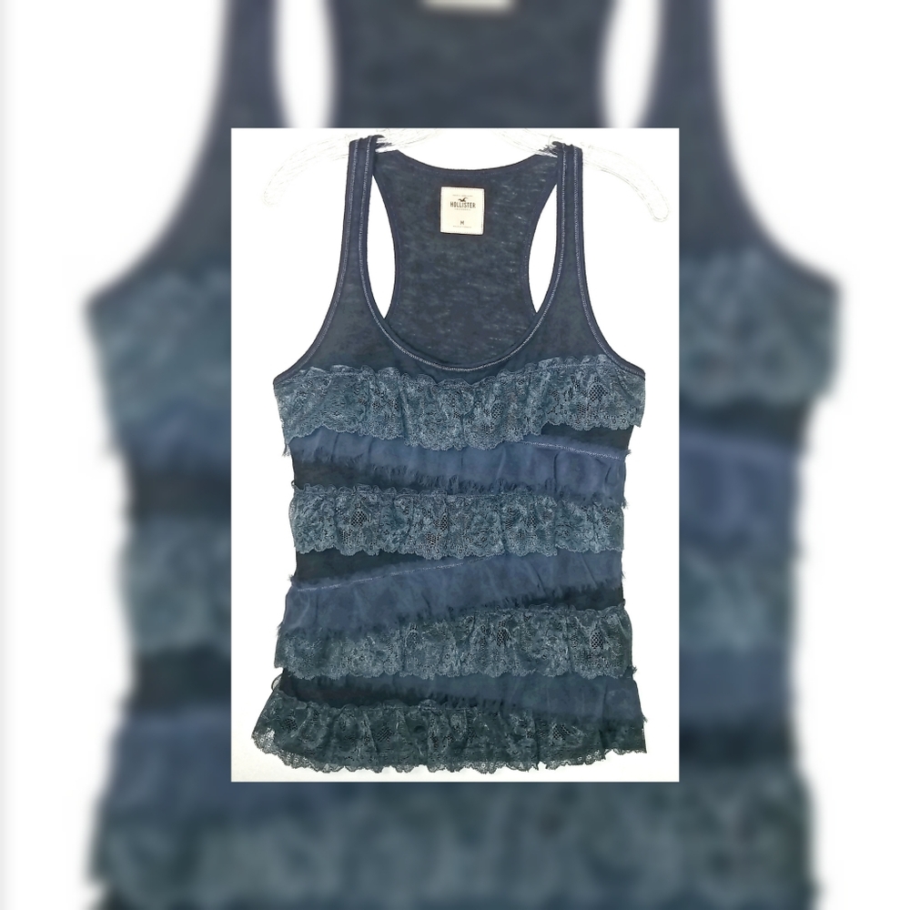 Hollister Blue Sleeveless Lacy Ruffled Top Sz. Med